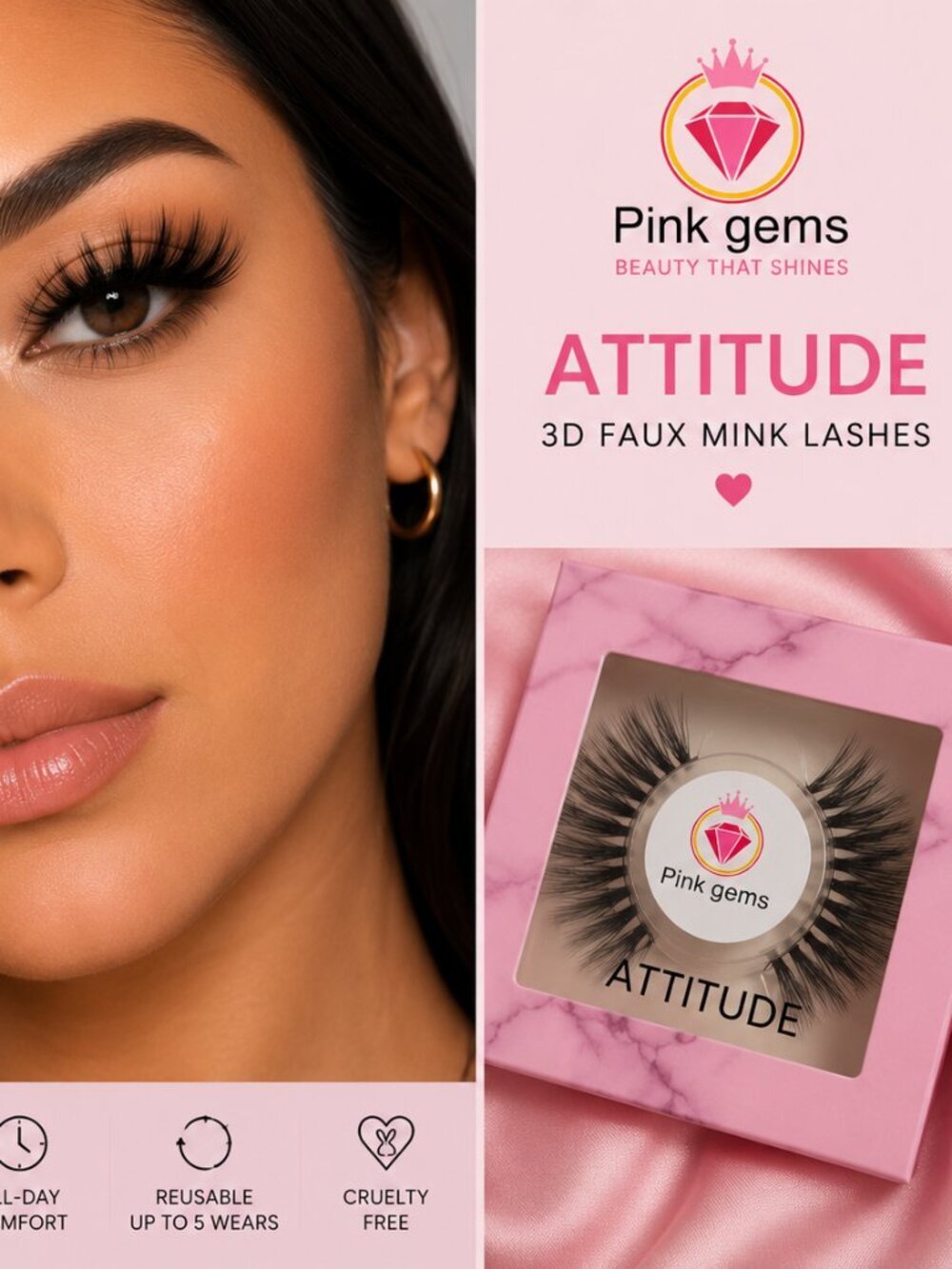 Pink Gems Attitude Faux Mink Lashes | Bold Wispy Glam | Reusable | Cruelty-Free